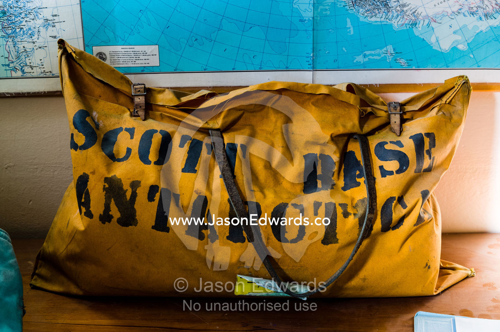A antique Scott Base kit bag in the TAE Hut a museum in Antarctica. TAE Hut, Trans Antarctic Expedition Hut, Scott Base, Pram Point, Hut Point Peninsula, Ross Island, Antarctica.