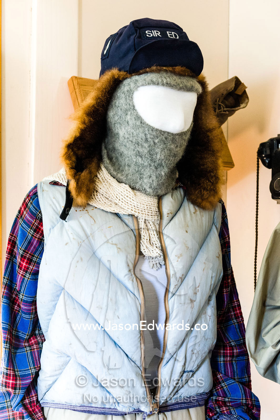 Antarctic clothing worn by Sir Edmund Hillary at Scott Base in the TAE Hut a museum in Antarctica. TAE Hut, Trans Antarctic Expedition Hut, Scott Base, Pram Point, Hut Point Peninsula, Ross Island, Antarctica.