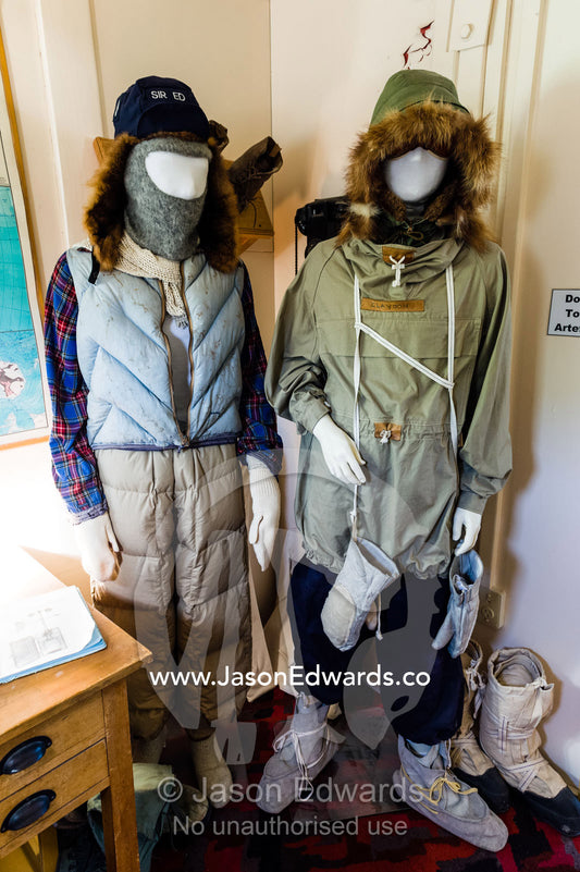 Antarctic clothing belonging to Wing Commander John Claydon and Sir Edmund Hillary. TAE Hut, Trans Antarctic Expedition Hut, Scott Base, Pram Point, Hut Point Peninsula, Ross Island, Antarctica.