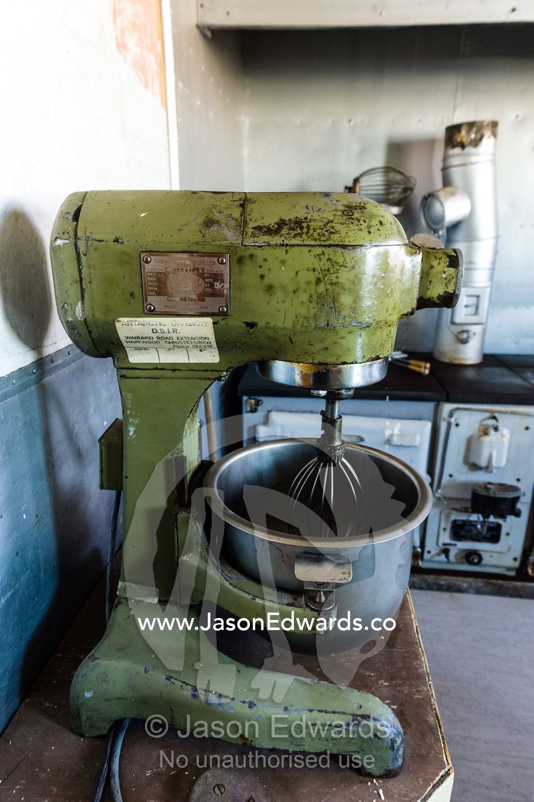 An antique Hobart cake mixer in the kitchen of the TAE Hut a museum in Antarctica. TAE Hut, Trans Antarctic Expedition Hut, Scott Base, Pram Point, Hut Point Peninsula, Ross Island, Antarctica.