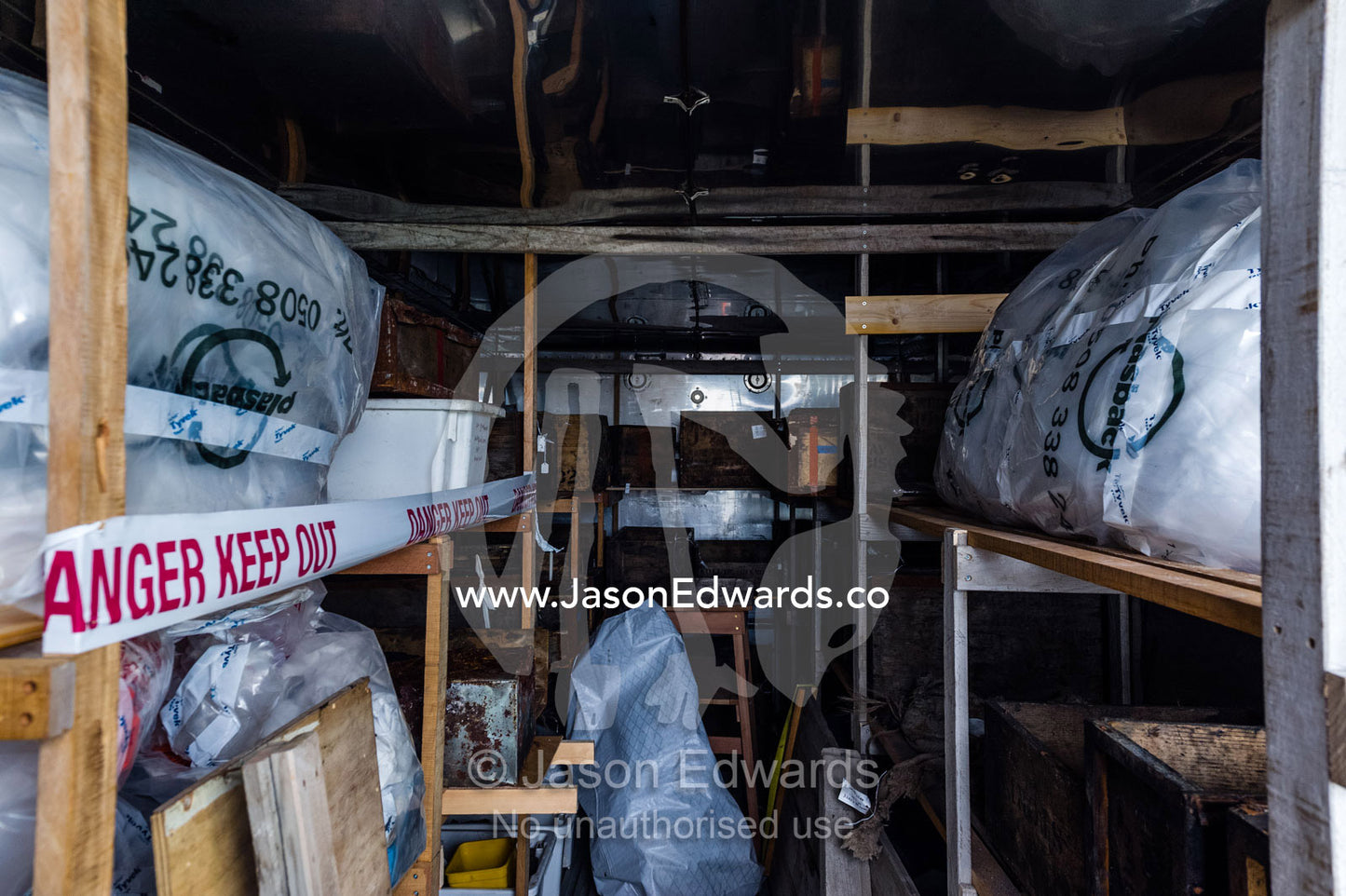 Antique items sealed and stored for preservation before going back into Discovery Hut. Discovery Hut, Hut Point, Ross Island, Antarctica.