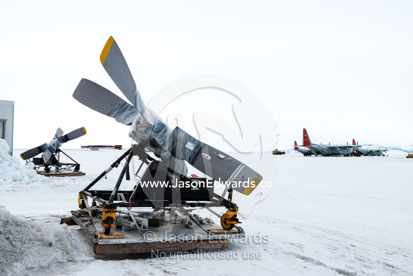 US Air force propellers on the sea ice at an airport in Antarctica. Royal Society Range, Pegasus Field, McMurdo Ice Shelf, Ross Island, McMurdo Sound, Antarctica.