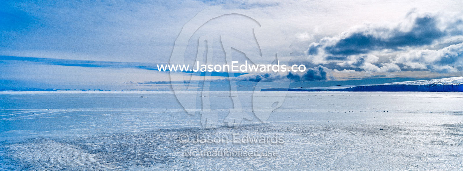 Sea ice frozen across to the base of an enormous glacier. North Bay, Cape Evans, Ross Island, Antarctica.