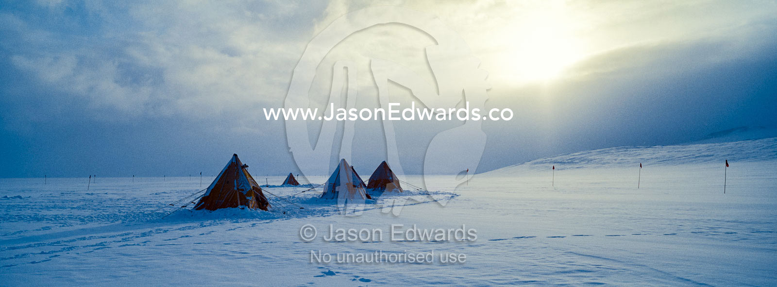 Bright yellow tents lined-up in a blizzard on the Ross Ice Shelf during a survival training course. Windless Bight, Ross Ice Shelf, Ross Island, Antarctica.