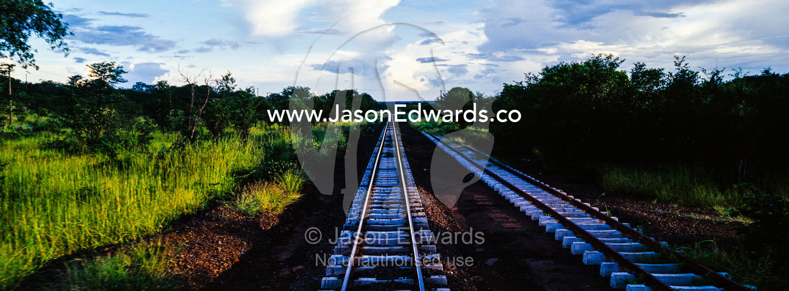 Railway tracks crossing a lush savannah plain into the horizon. Livingstone, Zambia.