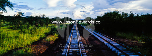 Railway tracks crossing a lush savannah plain into the horizon. Livingstone, Zambia.