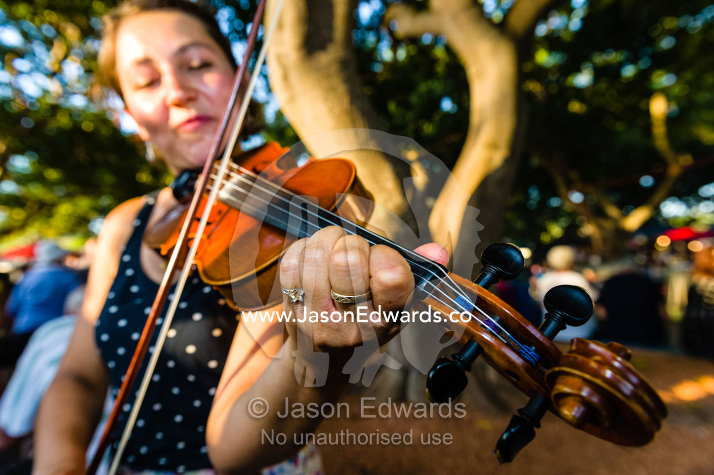 A street performer plays the fiddle for visitors at an open-air market. Mindil Beach Sunset Markets, Darwin, Northern Territory, Australia.