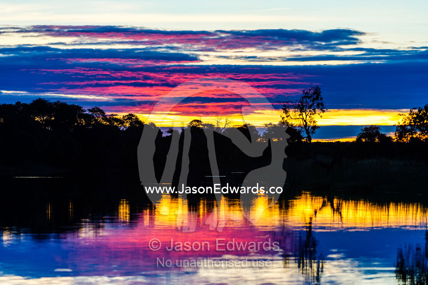 Neon pink clouds above a wetland silhouette at sunset. Chobe River, Chobe National Park, Botswana.