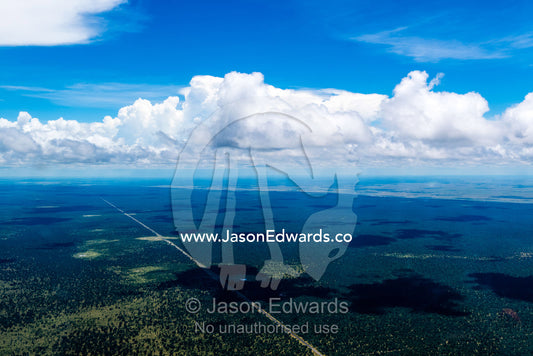 An aerial view of a long straight road running through the African wilderness. Chobe National Park, Botswana.