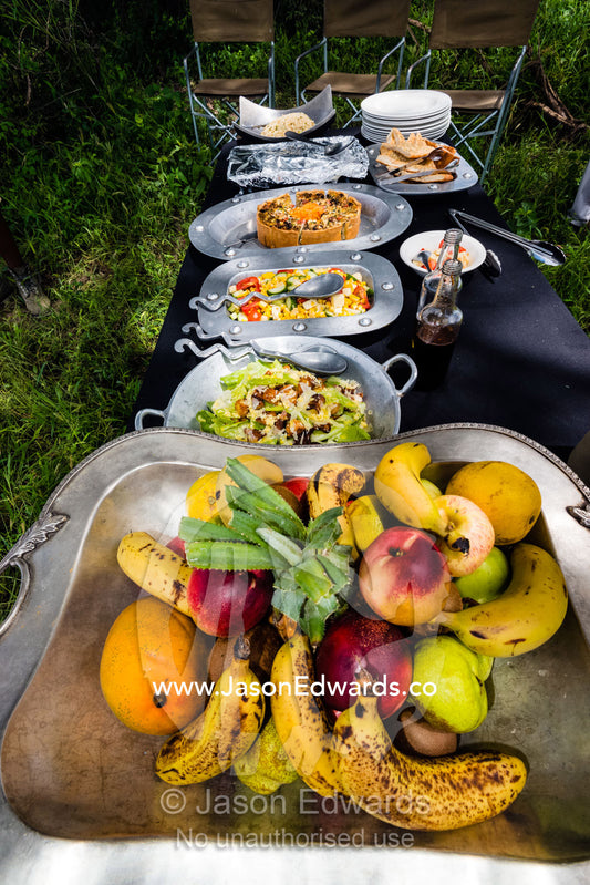Fresh fruit and salad served to guests on safari. Duba Plains Camp, Ngamiland West, Botswana.