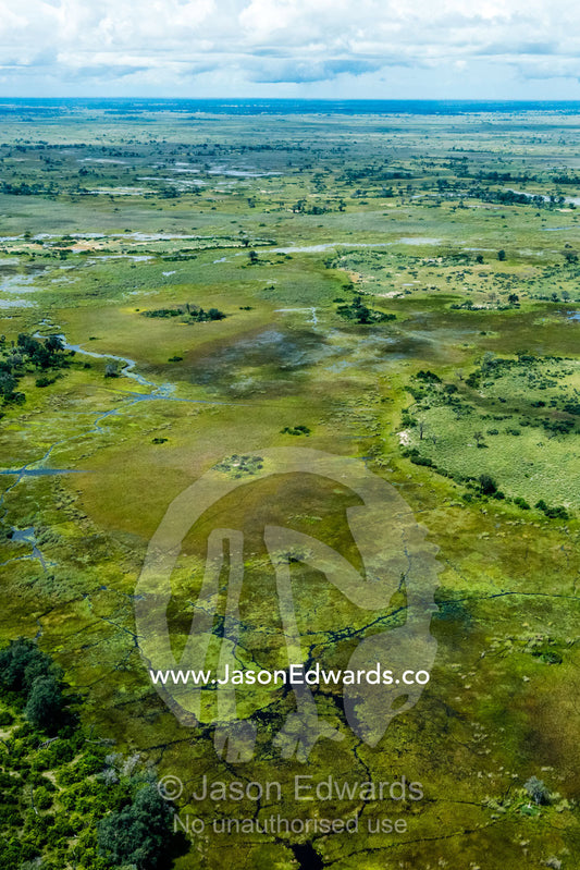 An aerial view of waterholes and rivers in a floodplain. Zarafa Camp, Zibadianja Lagoon, Savute Channel, Linyanti, Botswana.