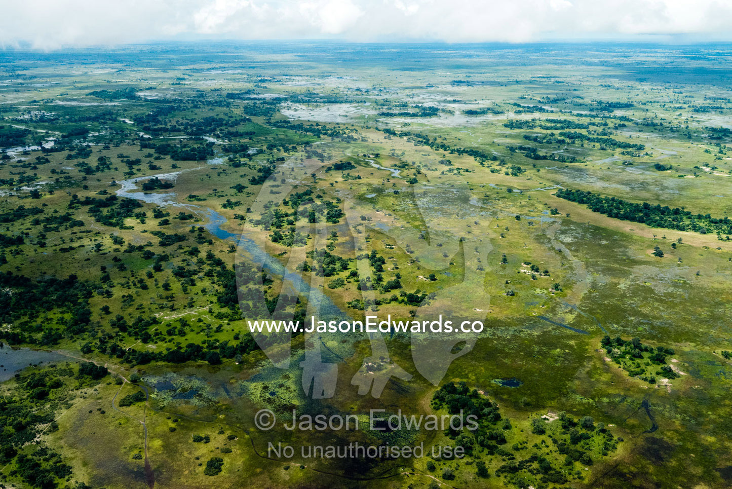 An aerial view of waterholes and rivers in a floodplain. Zarafa Camp, Zibadianja Lagoon, Savute Channel, Linyanti, Botswana.