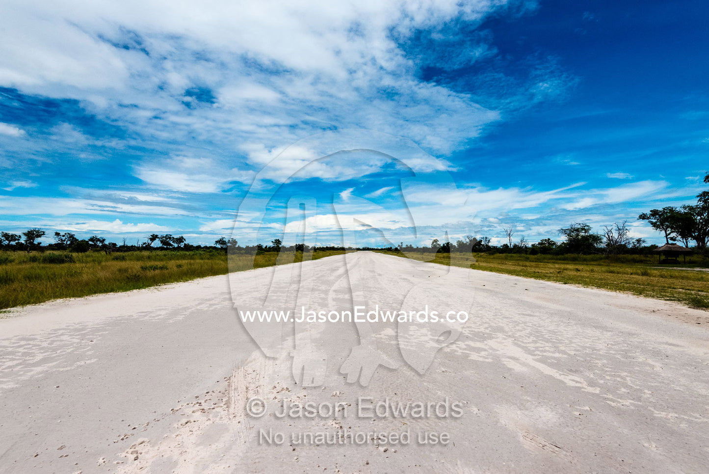 A remote dirt airstrip in the African wilderness. Zarafa Camp, Zibadianja Lagoon, Savute Channel, Linyanti, Botswana.