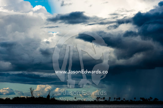 A wet season rain storm descends over a wetland horizon. Zarafa Camp, Zibadianja Lagoon, Savute Channel, Linyanti, Botswana.