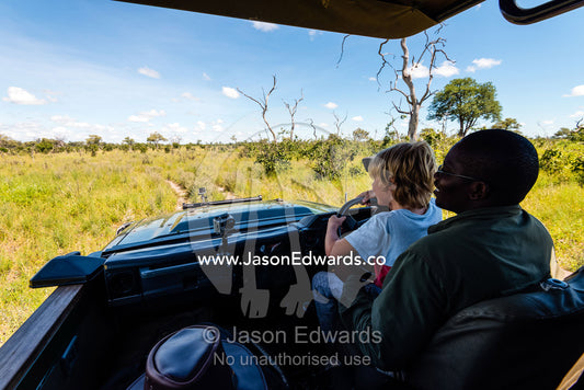An African safari guide teaching a boy to drive a 4wd. Selinda Reserve, Linyanti Region, Northern Botswana.