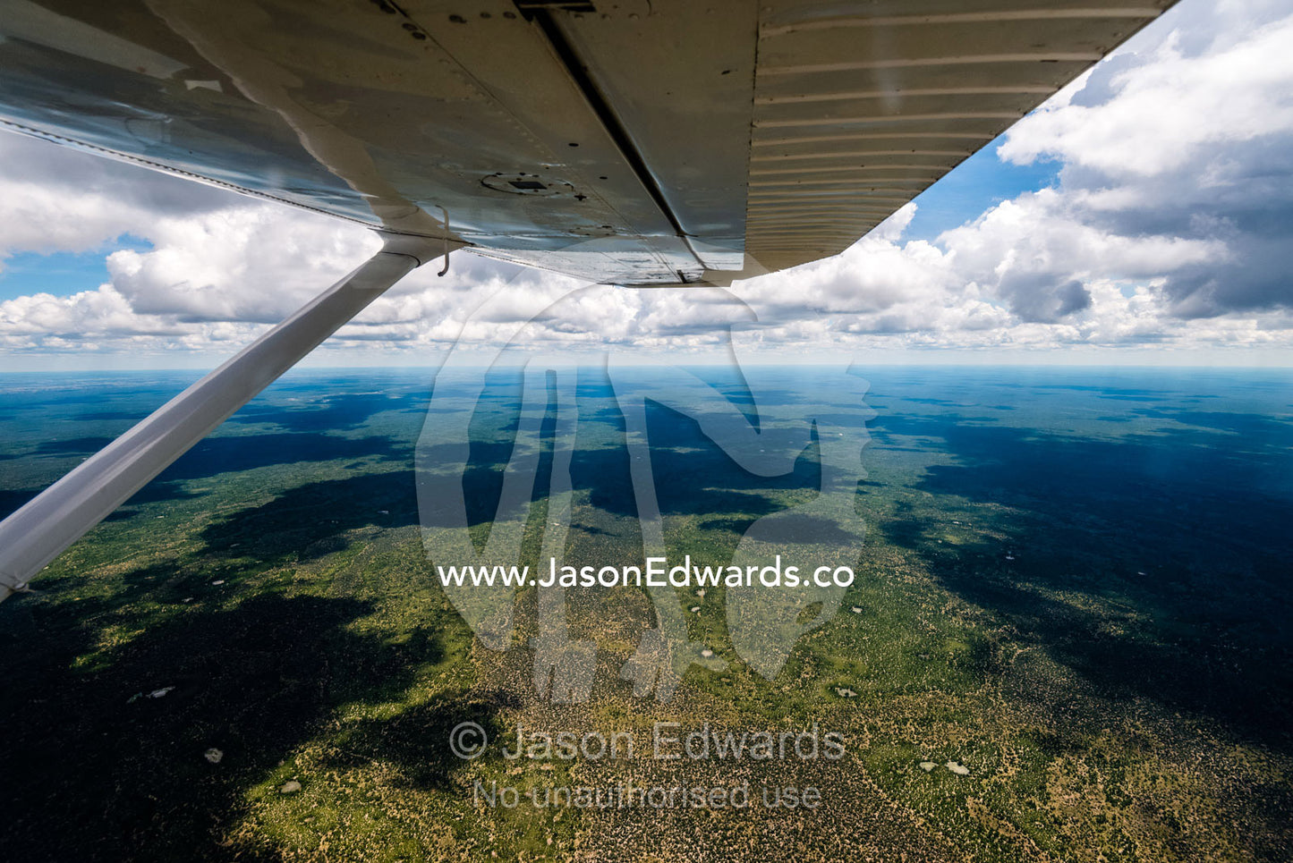An aerial view of an African savannah from beneath the wing of a light plane. Okavango Delta, Botswana.