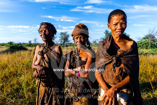 Three generations of women in a San Bushmen family. Kalahari Desert, Botswana.