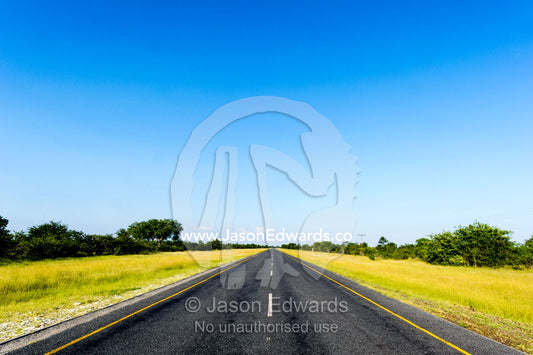 A long straight highway crossing an African plain. Makgadikgadi Pans, Botswana.