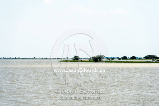 An inland sea forms when floodwater fills a salt pan. Makgadikgadi Pans, Botswana.