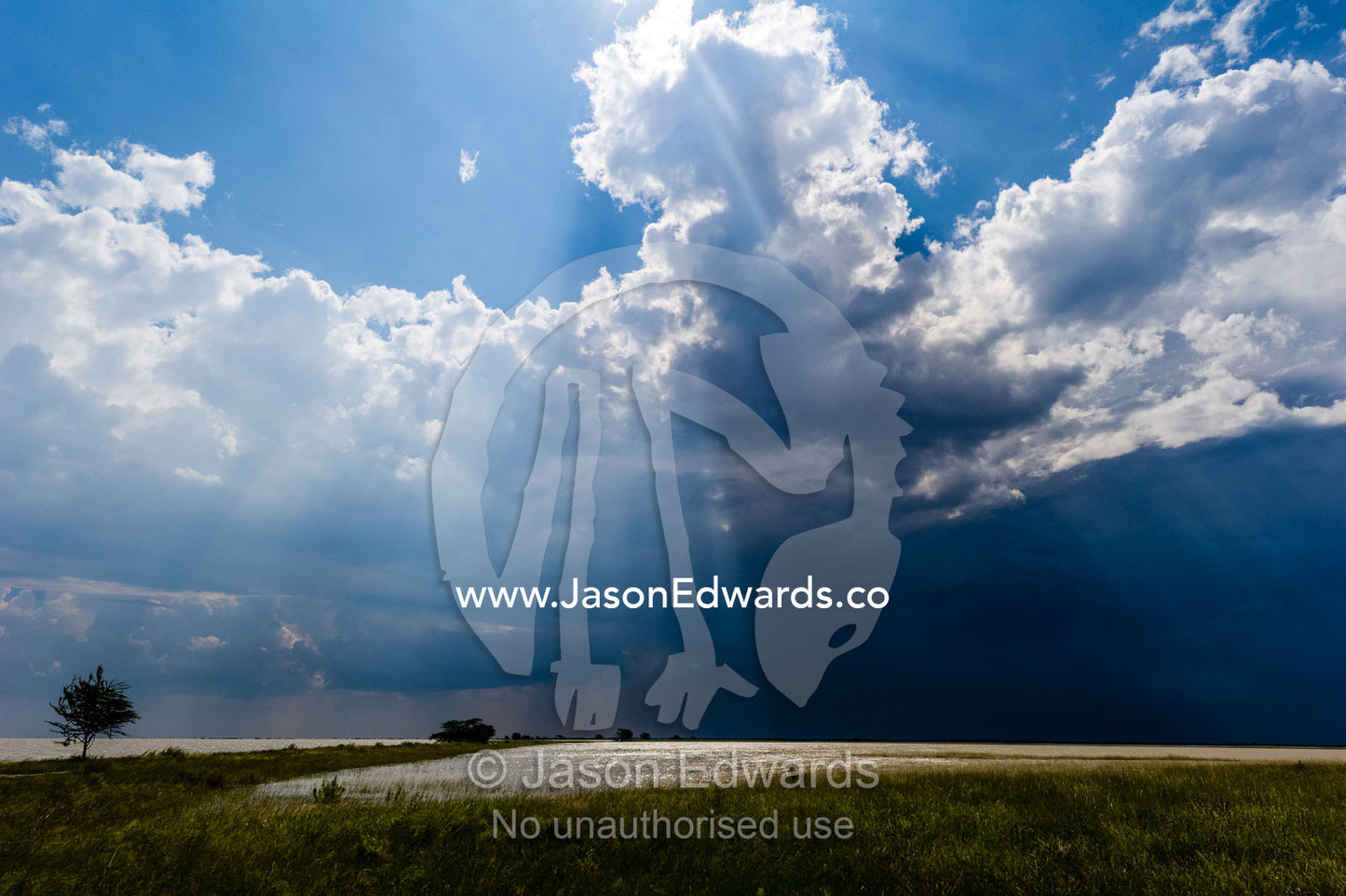 God rays pass through clouds above a flooded salt pan. Makgadikgadi Pans, Botswana.