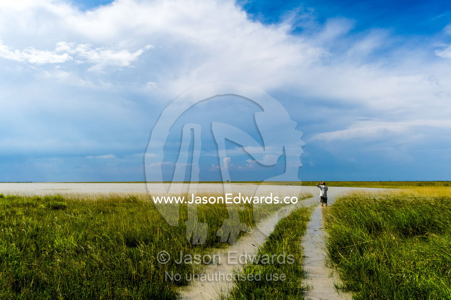 A safari guide calls for help on a cell phone on a flooded savannah plain. Makgadikgadi Pans, Botswana.