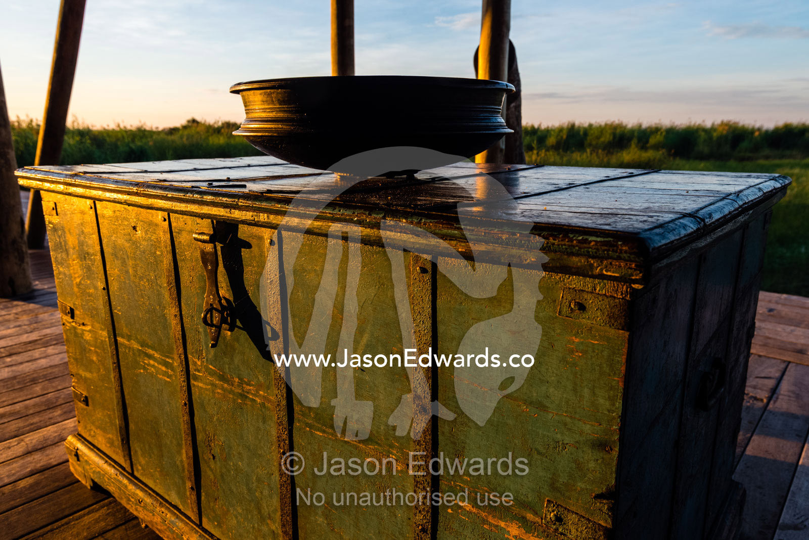 An antique chest in a luxury safari camp. Selinda Camp, Selinda Reserve, Linyanti Region, Northern Botswana.