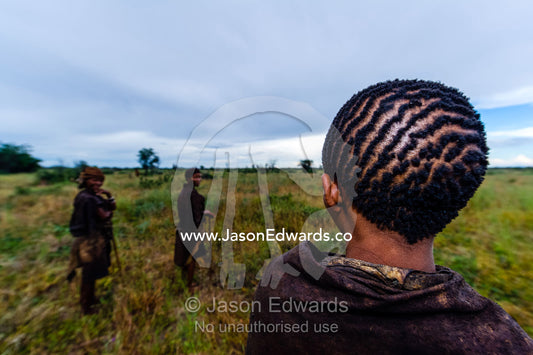 The distinctive naturally clustered and braided hair of a San Bushmen woman. Kalahari Desert, Botswana.
