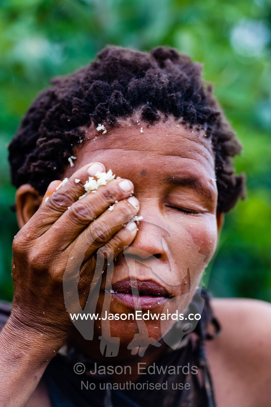 A San Bushmen woman using the pulp from a tuber root to make soap for washing her hands and face. Kalahari Desert, Botswana.