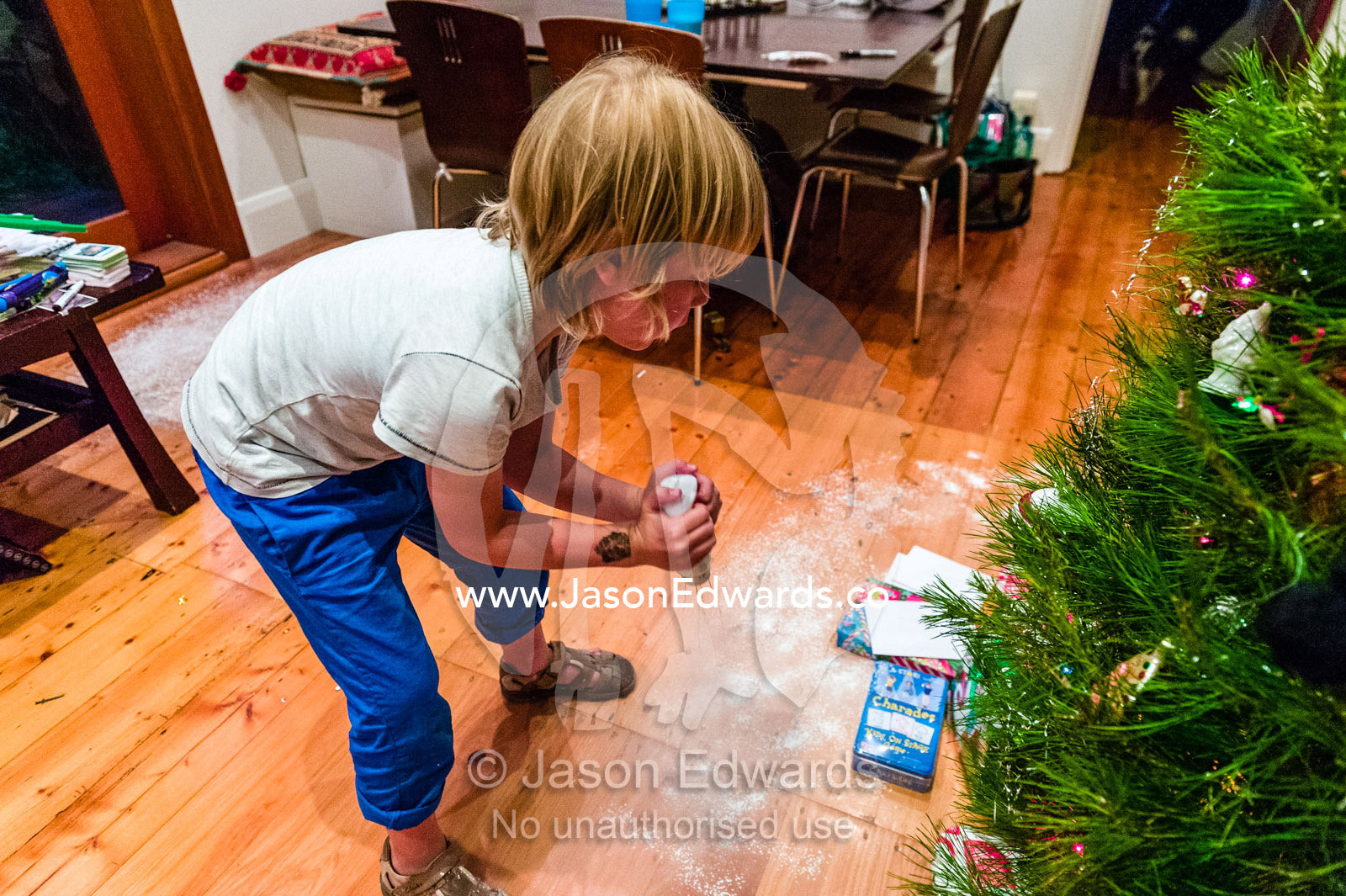 A boy sprinkles talcum powder on the floor to track Santa's footprints. Carlton North, Melbourne, Victoria, Australia.