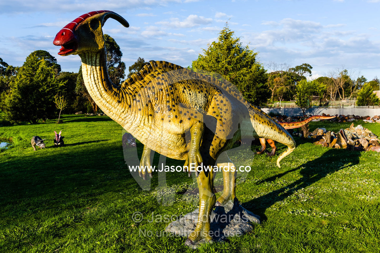A realistic model of a hadrosaurus dinosaur known as a duck-billed dinosaur. Devon Meadows, Melbourne, Victoria, Australia.