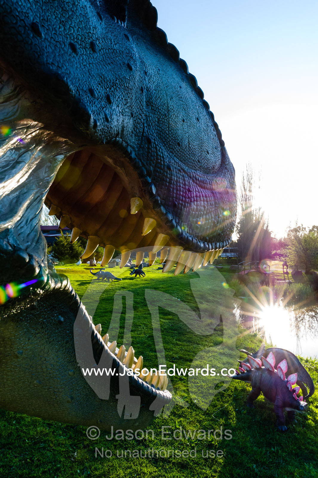A realistic model of a frightening Tyrannosaurus rex dinosaur hunting in a garden. Devon Meadows, Melbourne, Victoria, Australia.