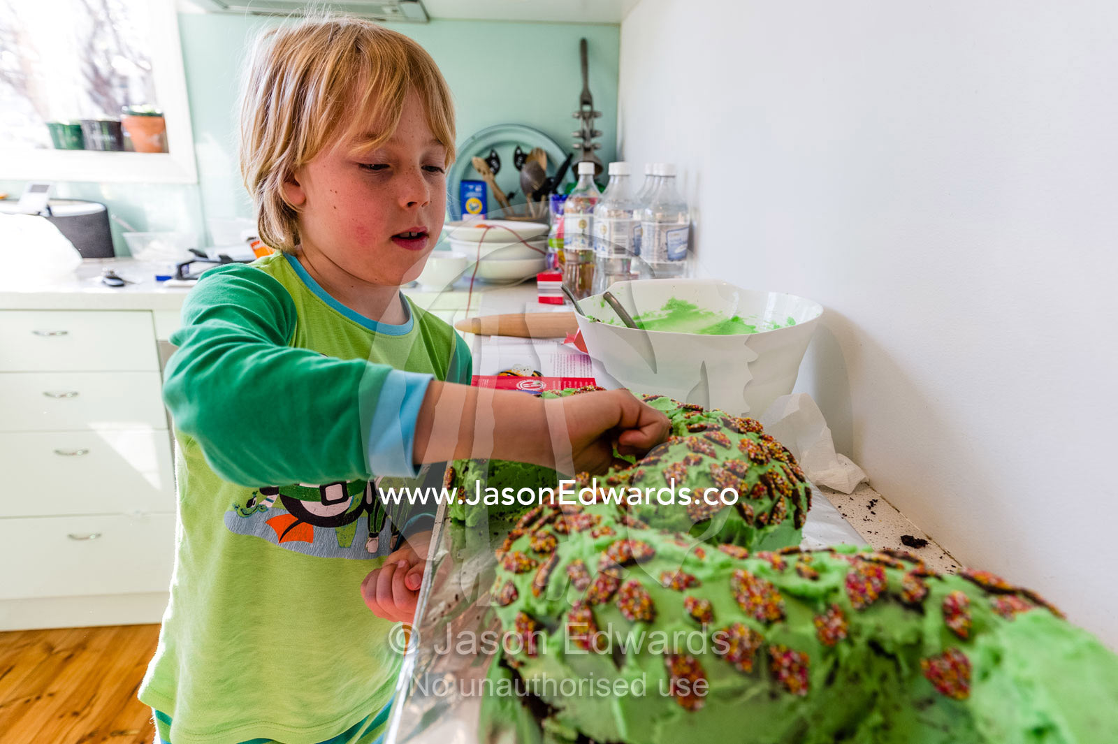 A boy decorates his green chocolate snake birthday cake with chocolate freckles candy. Carlton North, Melbourne, Victoria, Australia.