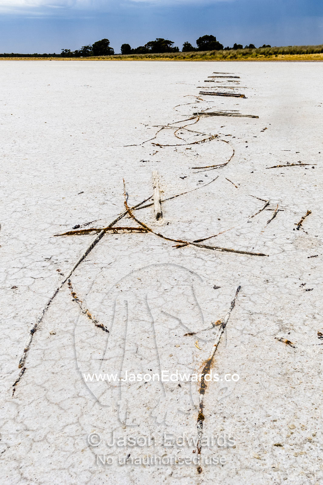 The rusting remains of a barbwire fence on a dry salt lake bed on a farm. Naracoorte, South Australia, Australia.