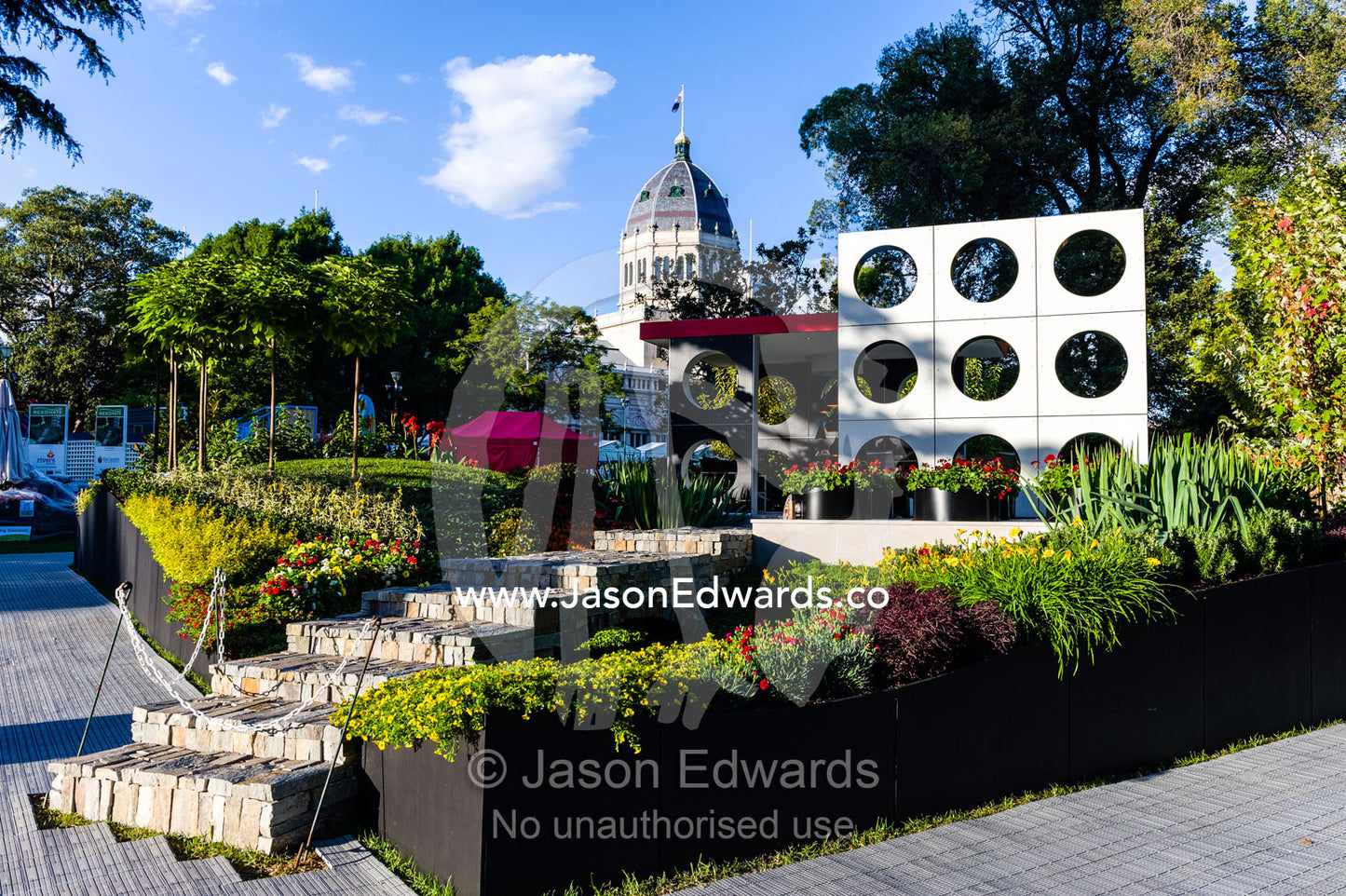 An architecturally designed outdoor patio and garden setting at a garden show. Melbourne International Flower and Garden Show, Carlton Gardens, Carlton, Melbourne, Victoria, Australia.