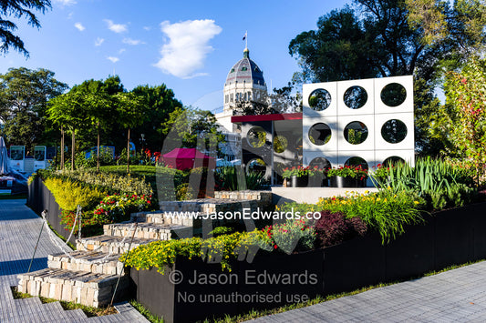 An architecturally designed outdoor patio and garden setting at a garden show. Melbourne International Flower and Garden Show, Carlton Gardens, Carlton, Melbourne, Victoria, Australia.