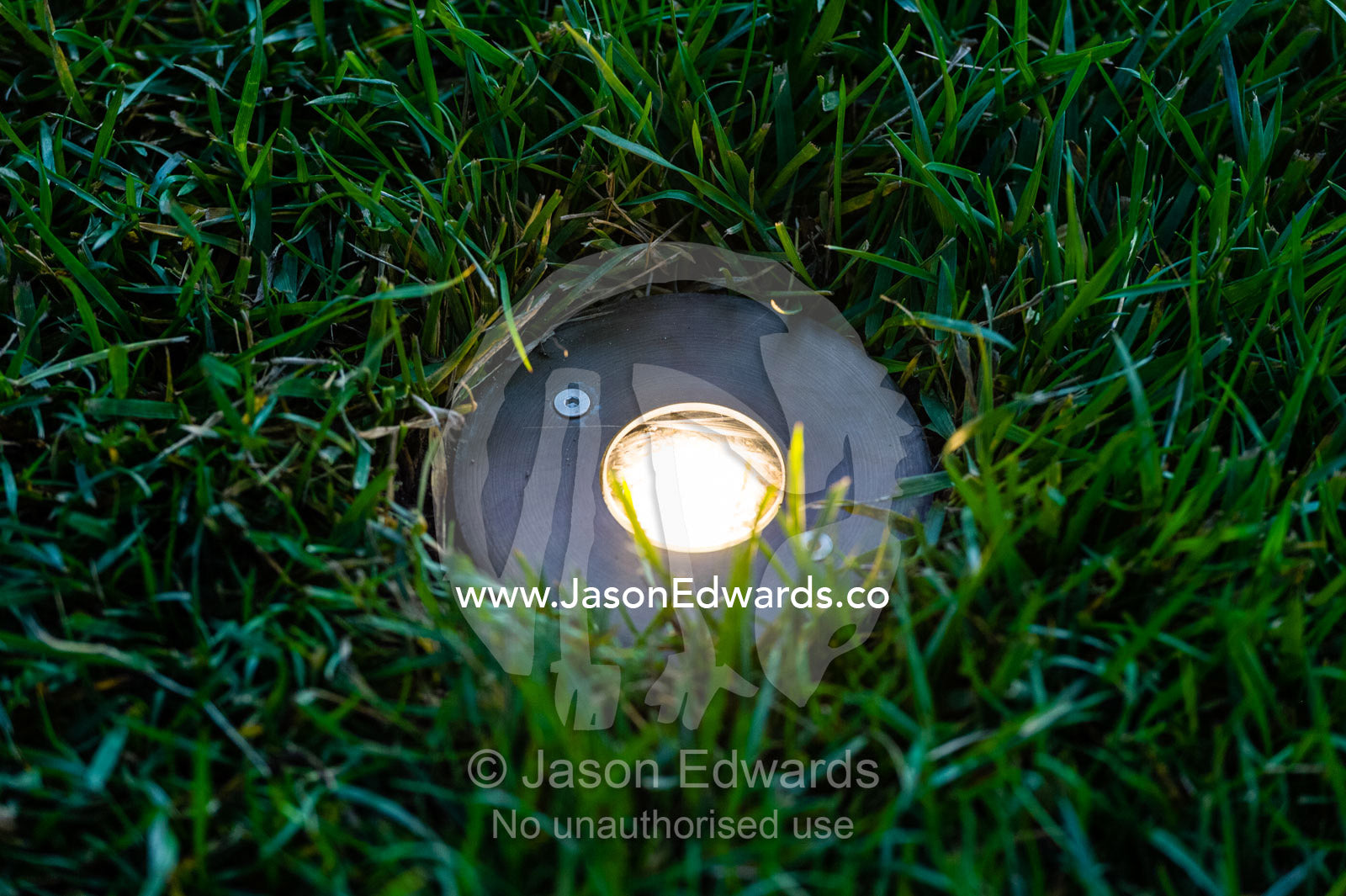 A spotlight embedded in a grass lawn in a garden. Melbourne International Flower and Garden Show, Carlton Gardens, Carlton, Melbourne, Victoria, Australia.