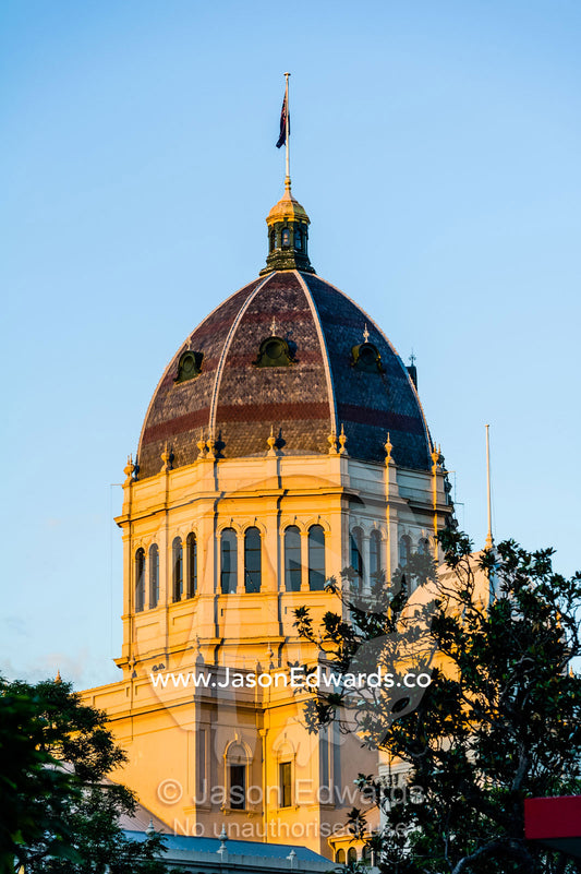 The heritage dome of the Royal Exhibition Buildings at sunset. Melbourne International Flower and Garden Show, Carlton Gardens, Carlton, Melbourne, Victoria, Australia.