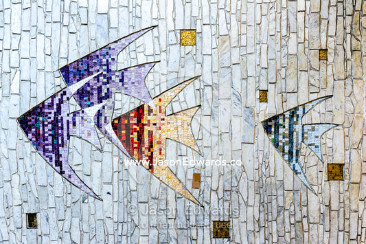 A tile mosaic of Angel Fish on a railway subway wall. Shinjuku Station, Shinjuku, Tokyo, Japan.
