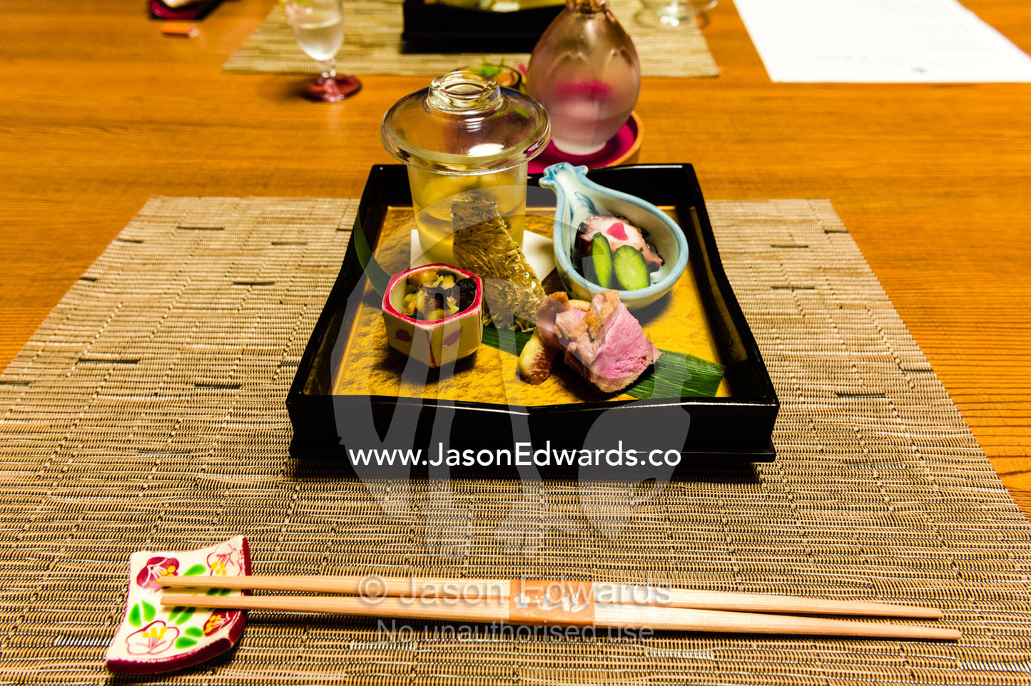Kaiseki or kaiseki-ryōri is a traditional multi-course Japanese dinner eaten with chopsticks. Unryu Onsen, Izu Peninsula, Shizuoka Prefecture, Japan.