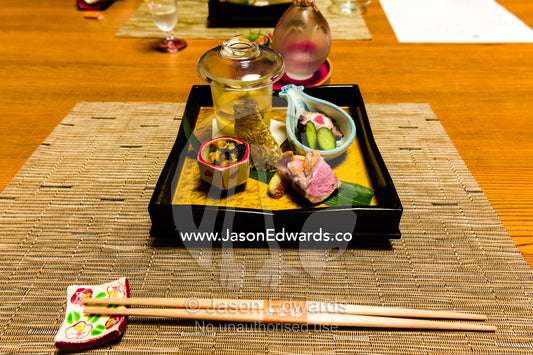 Kaiseki or kaiseki-ryōri is a traditional multi-course Japanese dinner eaten with chopsticks. Unryu Onsen, Izu Peninsula, Shizuoka Prefecture, Japan.