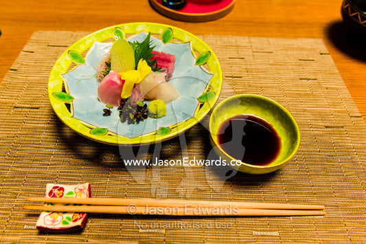 A sashimi dish served at served at Kaiseki, a traditional multi-course Japanese dinner. Unryu Onsen, Izu Peninsula, Shizuoka Prefecture, Japan.