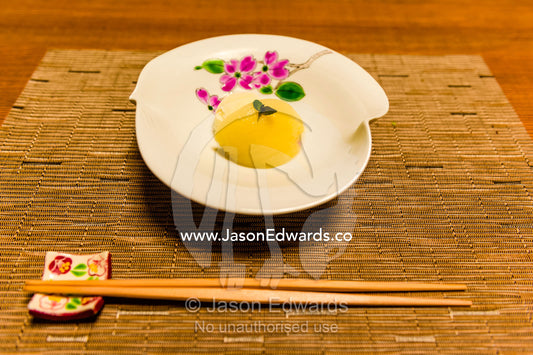 A desert dish served at served at Kaiseki, a traditional multi-course Japanese dinner. Unryu Onsen, Izu Peninsula, Shizuoka Prefecture, Japan.