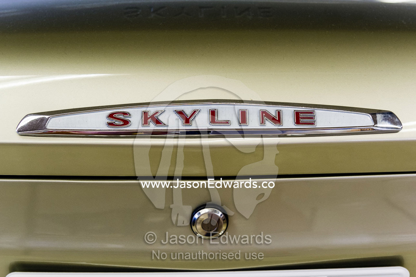 The tail badge of a classic and rare KPGC10 Nissan Skyline GTR sports car. Rocky Auto, Nagoya, Chubu Region, Japan.