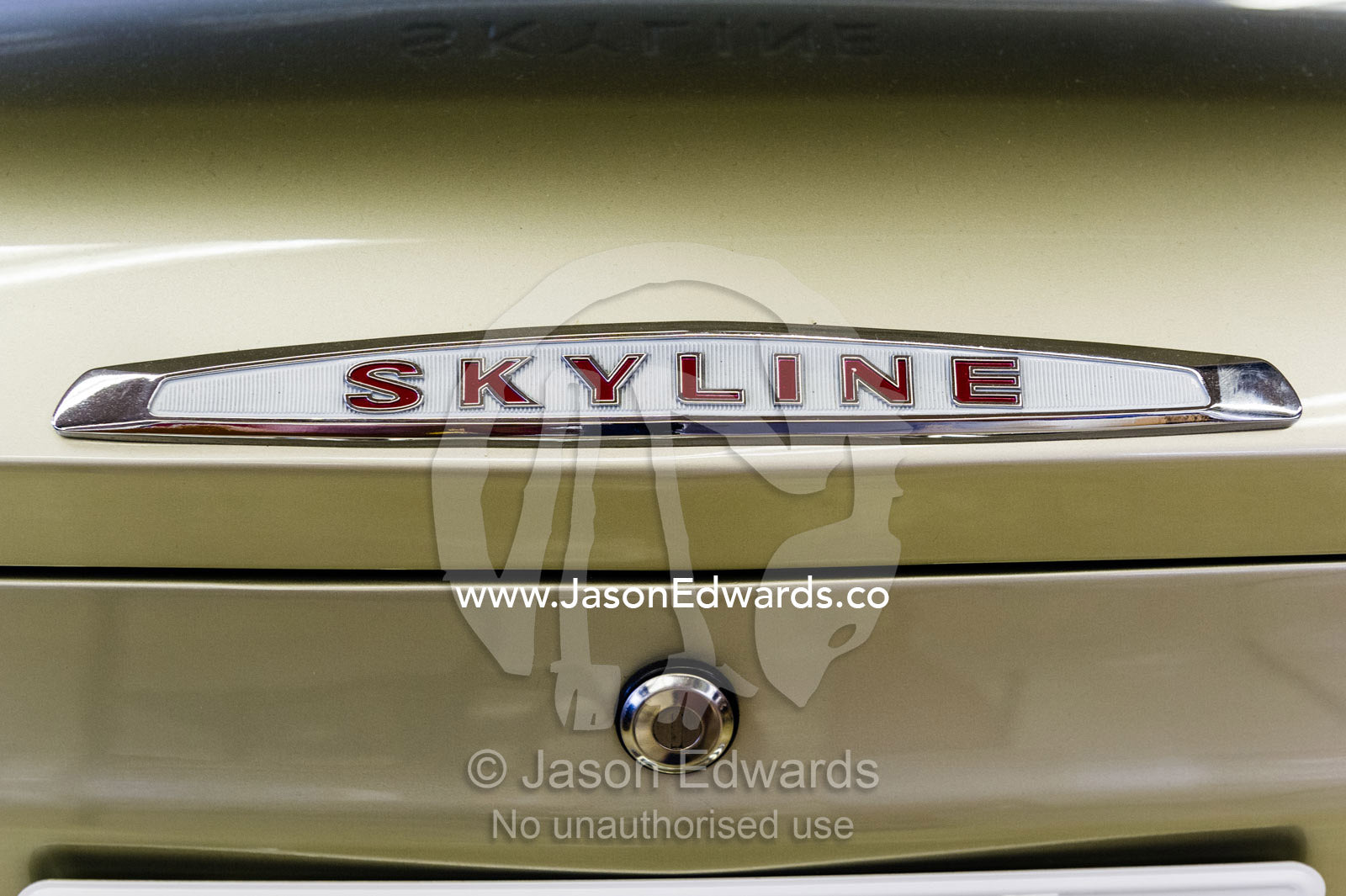The tail badge of a classic and rare KPGC10 Nissan Skyline GTR sports car. Rocky Auto, Nagoya, Chubu Region, Japan.