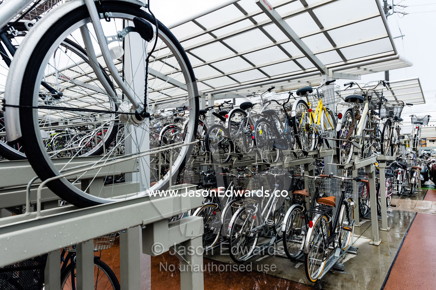A bike storage system at a Japanese railways station. Okazaki Station, Okazaki, Aichi Prefecture, Japan.