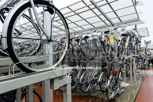A bike storage system at a Japanese railways station. Okazaki Station, Okazaki, Aichi Prefecture, Japan.