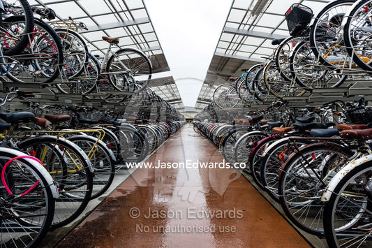 A bike storage system at a Japanese railways station. Okazaki Station, Okazaki, Aichi Prefecture, Japan.