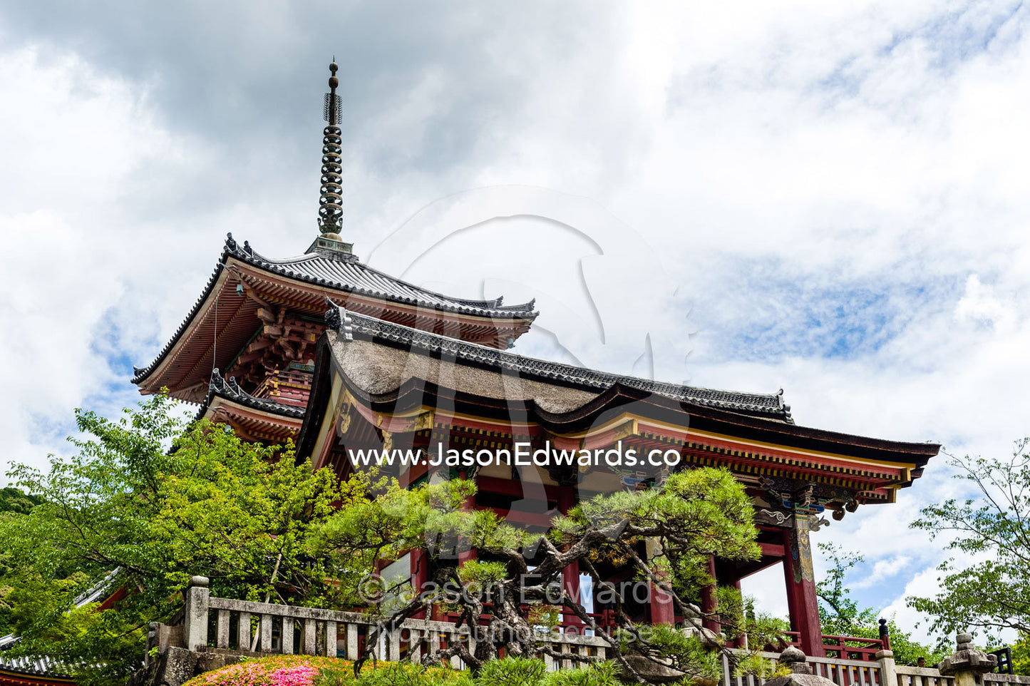 A buddhist temple on a mountaintop overlooking the Kyoto skyline. Kiyomizu-dera Temple, Higashiyama Ward, Kyoto, Kyoto Prefecture, Japan.