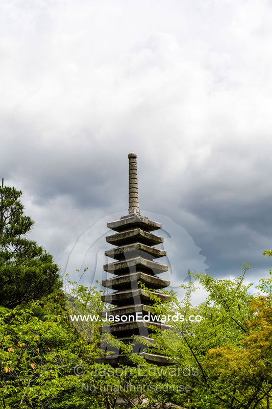 The pagoda statue in the garden of a buddhist temple. Kiyomizu-dera Temple, Higashiyama Ward, Kyoto, Kyoto Prefecture, Japan.