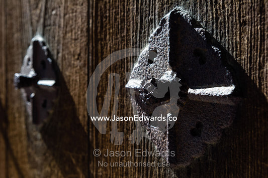 Steel ornamental plates on the door of the Myoho-in Temple in Kyoto. Myoho-in Temple, Higashiyama Ward, Kyoto, Kyoto Prefecture, Japan.